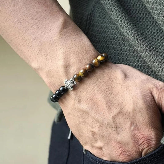Tiger Eye & Black Onyx Turtle Good Luck Band